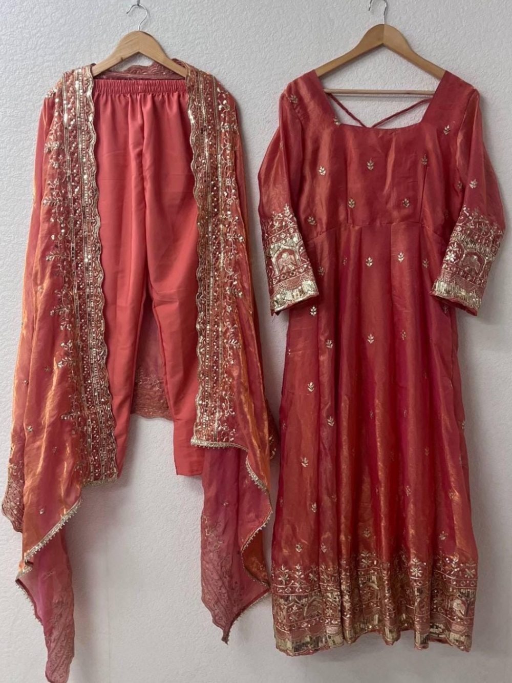 Peach Anarkali Suit Peach Fandy Silk with Embroidery, Size XL